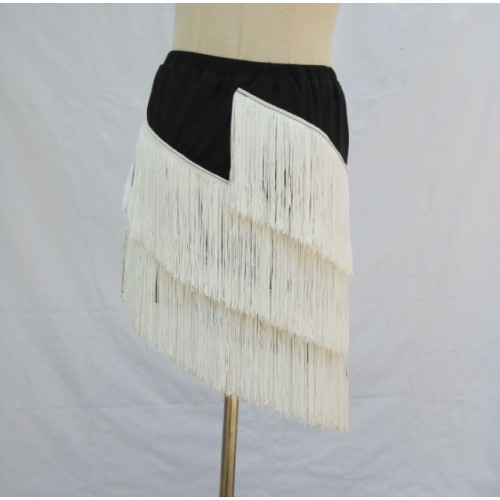 Black with white tassels latin dance skirts for women stage performance latin dance costumes fringes latin rumba chacha salsa dance skirts